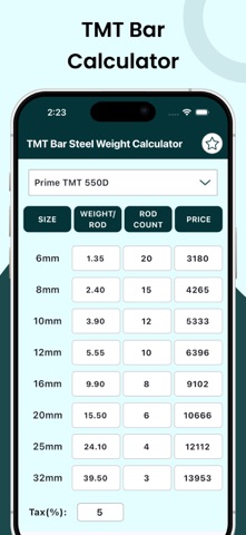 TMT Rebar Steel calculator のスクリーンショット