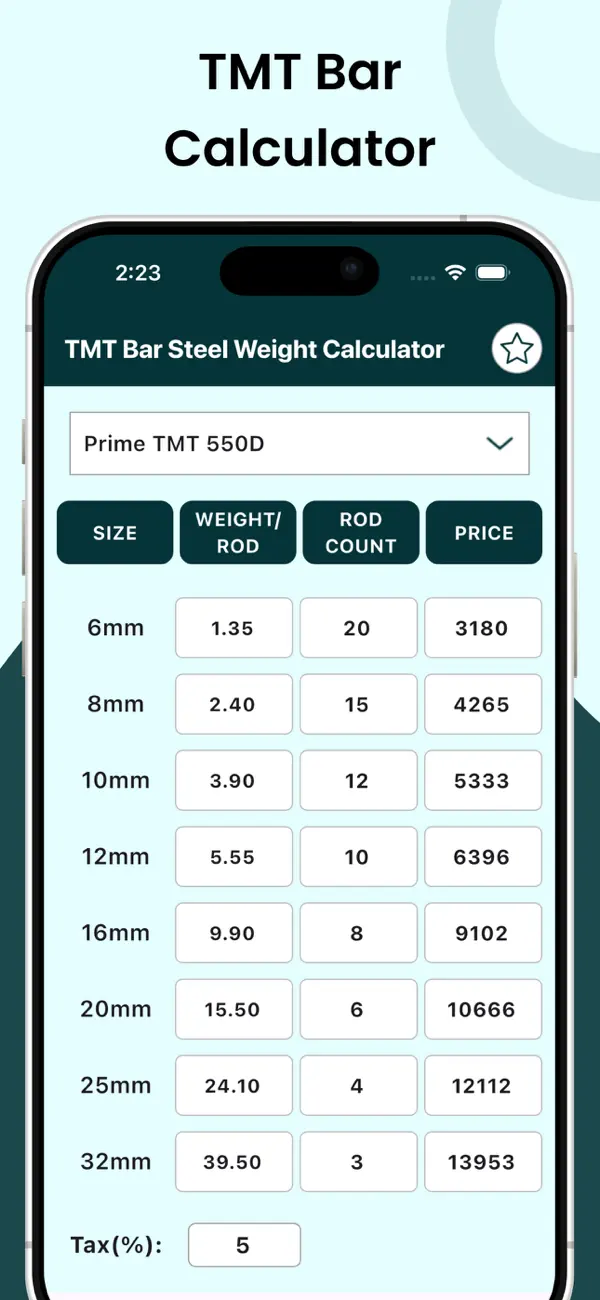 Screenshot #1 pour TMT Rebar Steel calculator