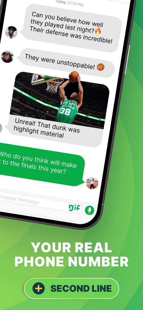 textPlus: Text Message + Call - La interfaz de chat demuestra la fluidez en la "Mensajería Multimedia", permitiendo el intercambio de texto y "Imágenes en los chats", mientras que la llamada a la acción "Segunda Línea" enfatiza la funcionalidad de número virtual de la aplicación.