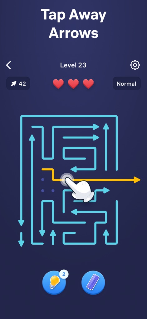 Arrow Puzzle - Tap Away Game - See how Arrow Puzzle - Tap Away Game visually guides users with a hand-tapping animation and a clear path visualization to explain the core game mechanic.