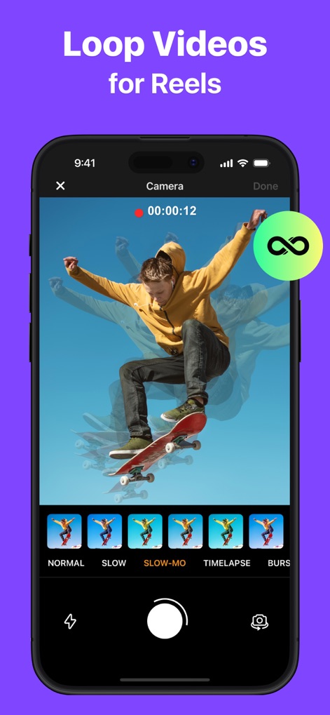GIF Maker - Memes & GIFs - Capture momentos com "Vídeos em Loop para Reels", como o skatista em "slow-mo", e ajuste a velocidade com opções como "NORMAL" e "TIMELAPSE" para efeitos criativos.