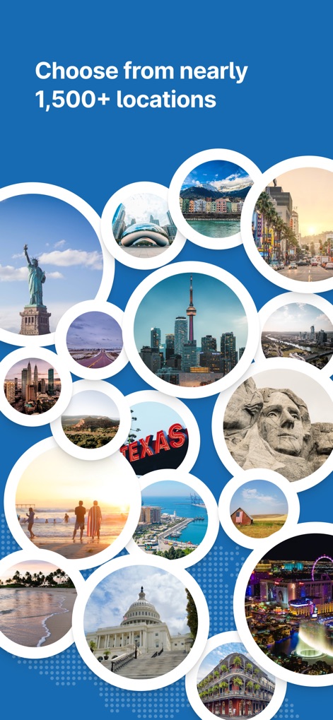 Motel 6: Book Hotels,My6 Deals - This visual demonstrates the extensive network of over 1,500+ locations available, showcasing iconic landmarks like the Statue of Liberty and the Las Vegas strip.