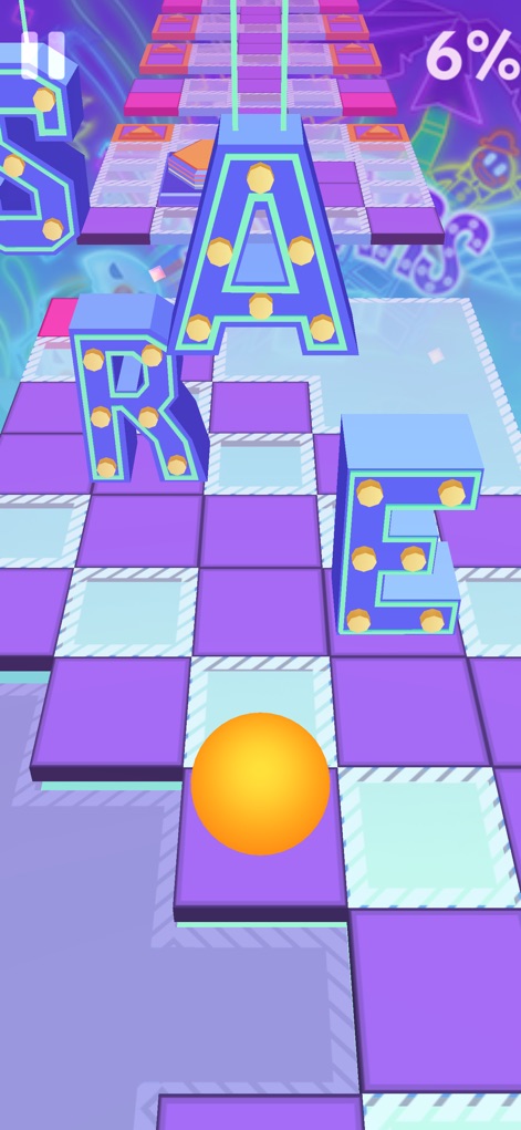 Rolling Sky - L'application révèle un environnement festif avec des lettres néon brillantes formant le mot 'SHARE' et un arrière-plan étoilé dynamique.