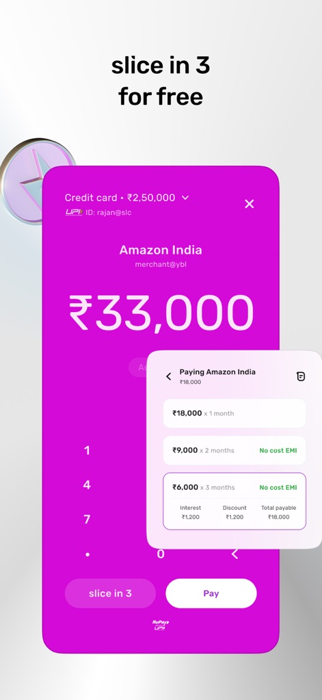 slice: UPI credit card & bank - Os usuários podem dividir pagamentos de compras, como a de ₹18.000 na Amazon India, com opções de EMI sem custo em 2 ou 3 meses.