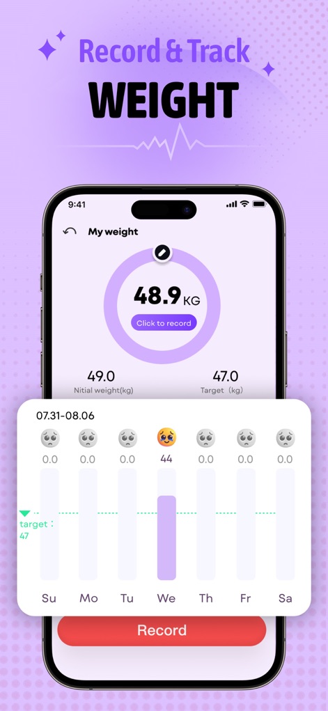 Daily Health-pulse heart track - Dieses Feature zeigt das aktuelle Gewicht im Vergleich zum festgelegten Zielgewicht an und visualisiert den wöchentlichen Fortschritt mit einer intuitiven Fortschrittsanzeige, die auch Emojis verwendet.