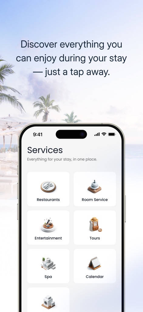 Palace Resorts - The app centralizes all guest needs, showcasing dedicated service icons for "Restaurants" and "Spa" for easy navigation.