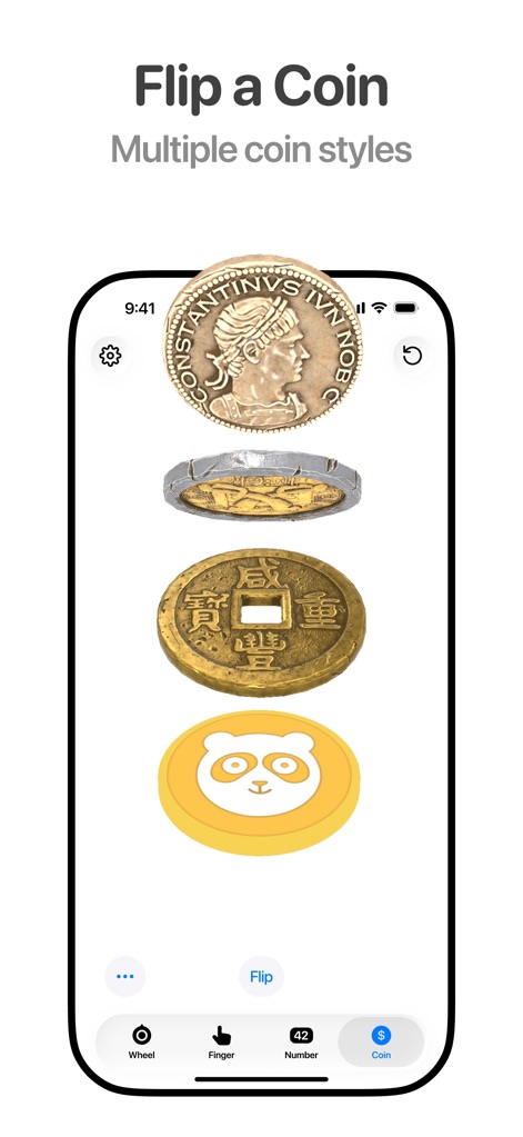 Tiny Decisions - Os usuários podem desfrutar da funcionalidade de "jogar uma moeda" com diversos estilos visuais, desde moedas antigas até um design moderno de panda.