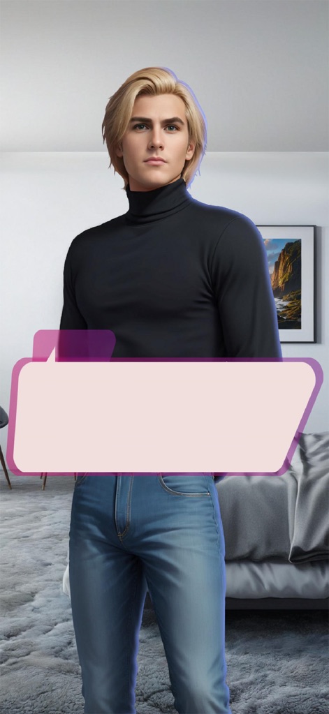 My Way: Stories & Love Episode - Engage with compelling characters, as seen with this male protagonist in a stylish turtleneck, where interactive speech bubbles guide the branching narratives.