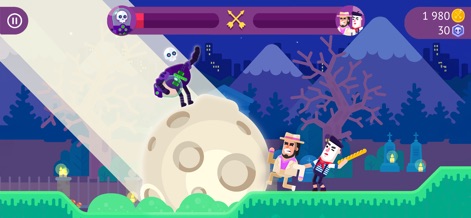 Bowmasters - Multiplayer Games - Experience the app's whimsical character designs, like the skeleton cat soaring through a beam of light, and the atmospheric moonlit cemetery setting.