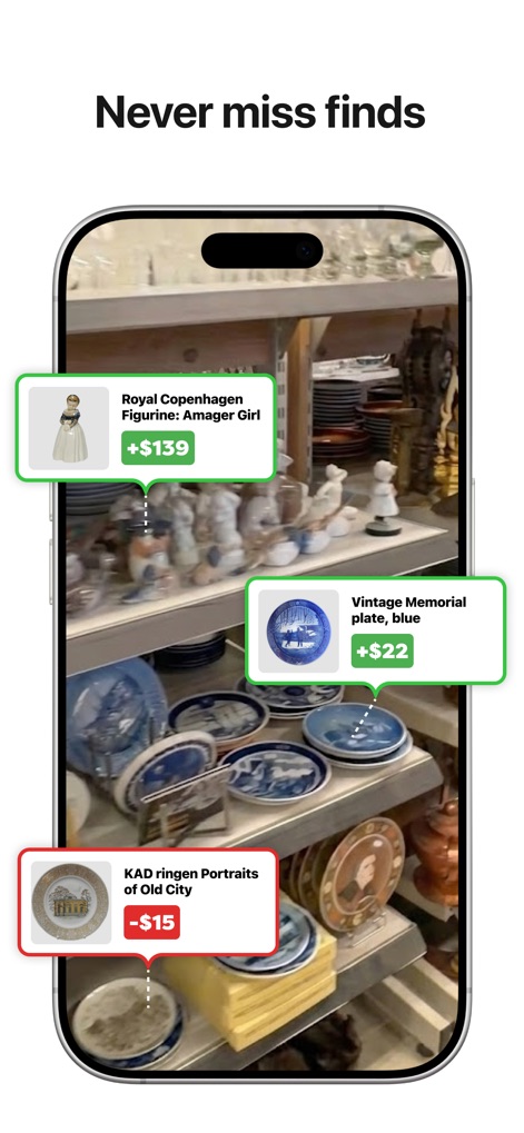 ThriftAI: Profit Identifier - Users can identify multiple items simultaneously, with real-time profit/loss overlays guiding them to profitable inventory on crowded shelves.