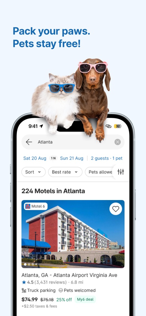 Motel 6: Book Hotels,My6 Deals - The app highlights its pet-friendly policy, clearly showing the '1 pet' filter option and the 'Pets welcomed' amenity icon within search results.