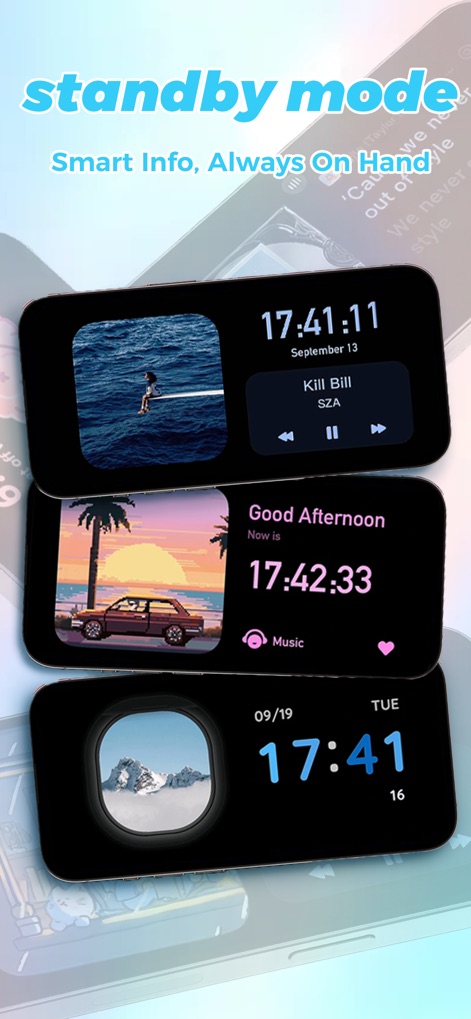 Dynamic Dash - Widget & Theme - スタンバイモードでは、「音楽再生ウィジェット」でお気に入りの曲を表示し、「画像付きデジタル時計」でパーソナルな情報表示を可能にし、デバイスの待機時間を有効活用できます。