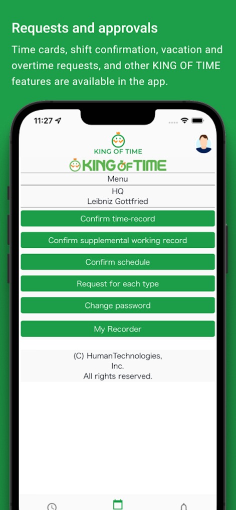Clock-in KING OF TIME - This tool simplifies administrative tasks, offering direct access to 'Confirm schedule' and the ability to 'Request for each type' of time-related adjustment.