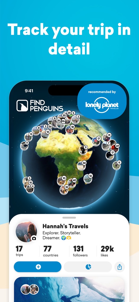 FindPenguins: Travel Tracker - Users can explore their extensive global journeys visualized on the interactive world map and view their comprehensive traveler profile detailing trips and social engagement.