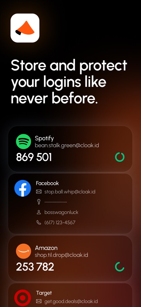 Cloaked: Protect your privacy - This screen showcases the secure storage of logins for platforms like "Spotify" and "Facebook", complete with generated alias emails and rotating authentication codes.