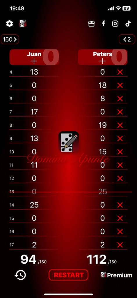 Domino Apunte - Cet outil offre une personnalisation visuelle avec des thèmes distinctifs, comme ce fond rouge éclatant, mettant en valeur le logo central de Domino Apunte pour une expérience immersive.