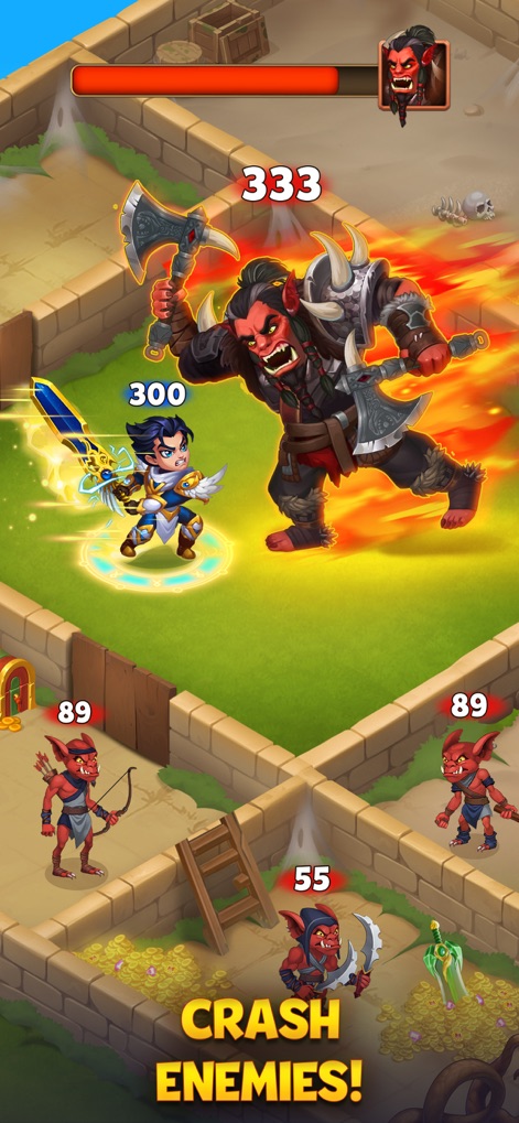 Hero Wars: Alliance Fantasy - Witness the hero's intense confrontation with a formidable orc boss, set against a backdrop of smaller goblin skirmishes.