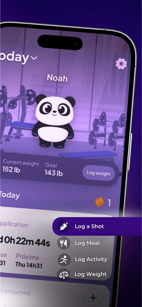 OzemPro: GLP1 Tracker - Os usuários podem visualizar seu perfil com o peso atual e a meta, e acessar rapidamente ações importantes através do menu flutuante para registrar injeções ou refeições.