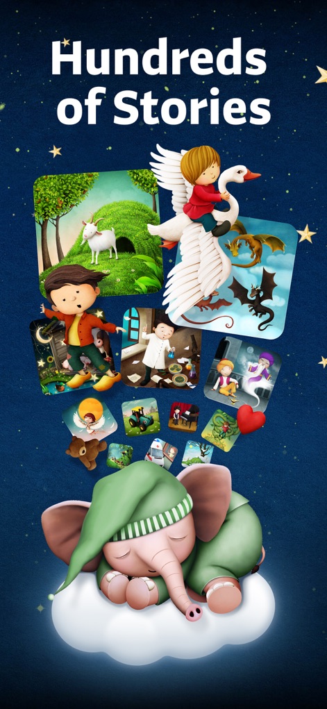 Readmio: Read Aloud Books - Witness the extensive "Hundreds of Stories" available within the app, visually represented by numerous floating story covers.
