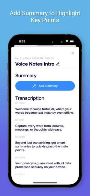 عکس صفحه رونویسی زنده هوش مصنوعی Voice Notes