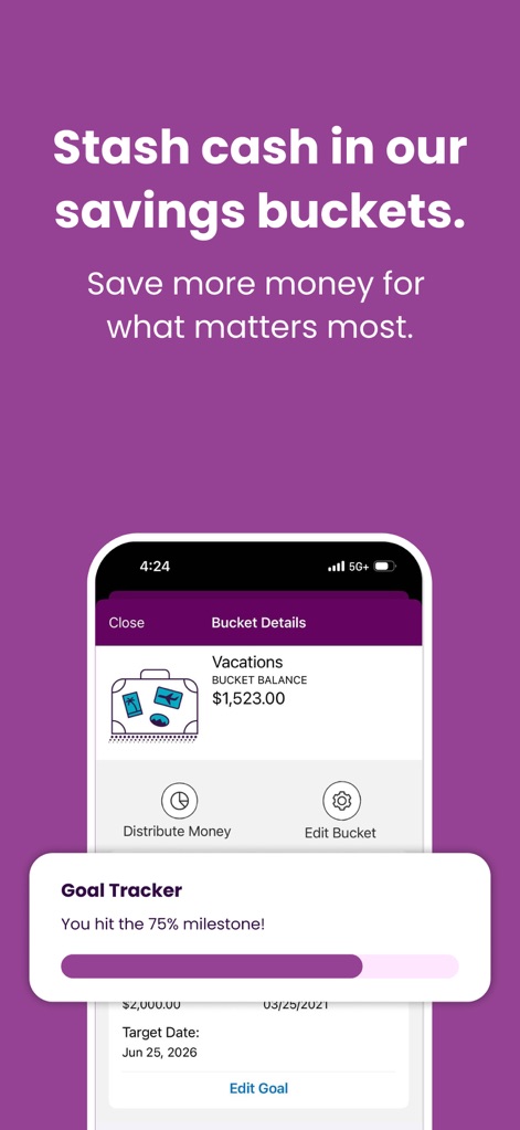 Ally: Bank, Auto & Invest - Users can track their financial progress with the visual 'Goal Tracker' and easily manage their designated 'Vacations' savings bucket.