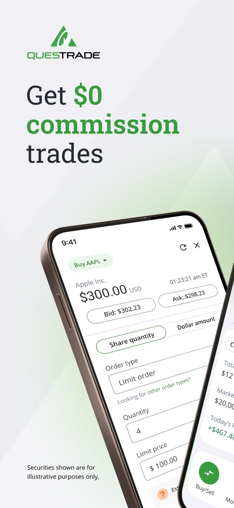 QuestMobile: Invest & Trade - This tool simplifies trading with clear "limit order" options and "share quantity" inputs, emphasizing cost-effective investing.