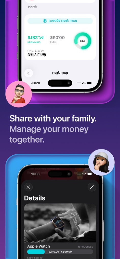 MoneyCoach: Budget Planner - The app facilitates family synchronization, allowing multiple users to manage shared finances and collaborate on specific financial goals like an Apple Watch purchase.