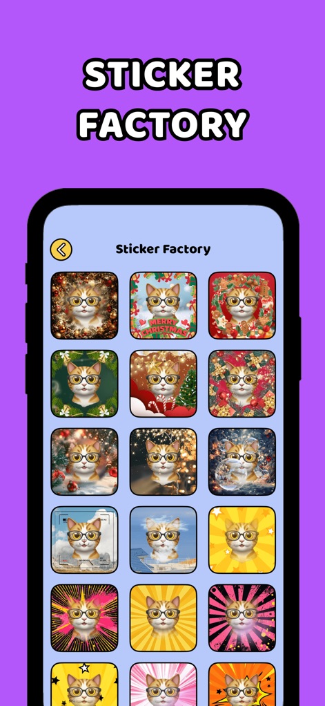 Easy Stickers - Sticker maker - A "Sticker Factory" apresenta uma rica coleção visual, como a grade de adesivos de gatos, permitindo aos usuários explorar uma variedade de estilos e temas pré-definidos.