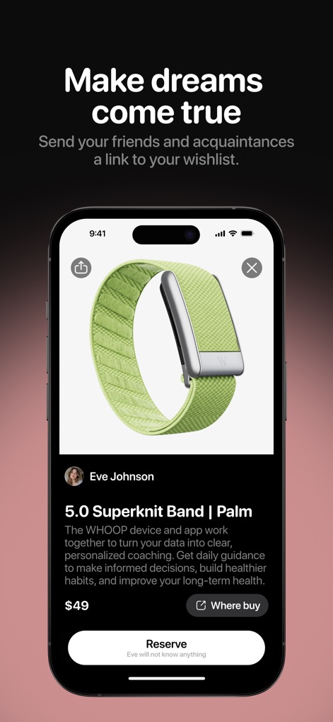 Ohmywishes: Wishlists & Gifts - This tool allows users to explore detailed product views, such as the "5.0 Superknit Band", and utilize the "Reserve" button to claim a gift.