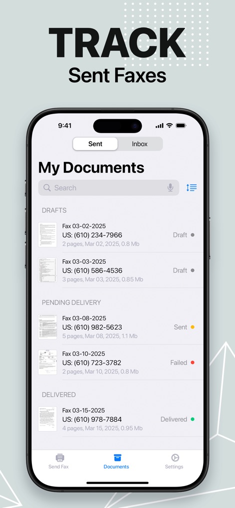 FaxFree: Send Fax From iPhone - This tool offers robust tracking capabilities, allowing users to monitor the status of 'Sent Faxes' with clear indicators for draft, pending, and delivered items, along with date and page details.