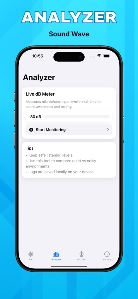 PureWave Al Care - This tool provides a live dB meter for microphone input levels at -80 dB and offers helpful tips for sound awareness.