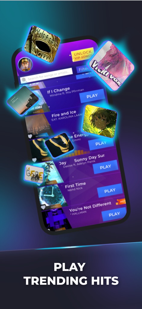 Beat Tiles: Music Game - Explore the expansive music library, showcasing diverse song titles with artist names and intuitive 'PLAY' buttons, enhanced by convenient search functionality.
