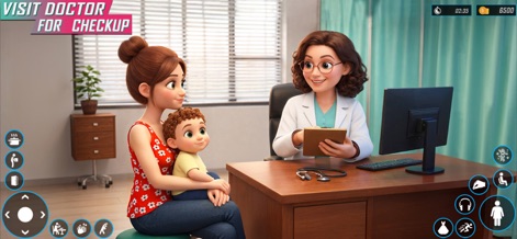 Mother Life Simulator Mom Game - Users can navigate essential care scenarios, like a doctor's checkup for the child, and interact with the comprehensive task menu to manage various family needs.