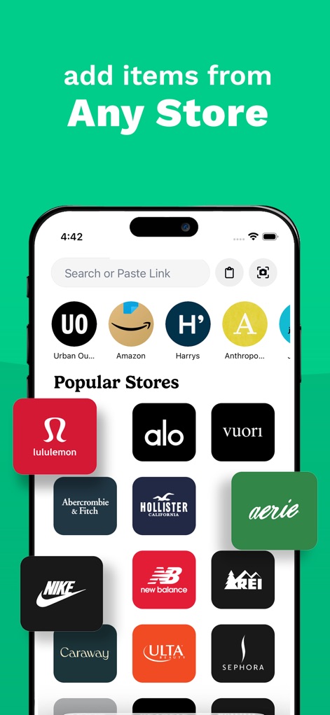 Giftful - Wishlist & Registry - The app offers unparalleled flexibility, enabling users to add items using a universal search or paste link function, and browse a comprehensive selection of popular stores like Lululemon and Amazon.