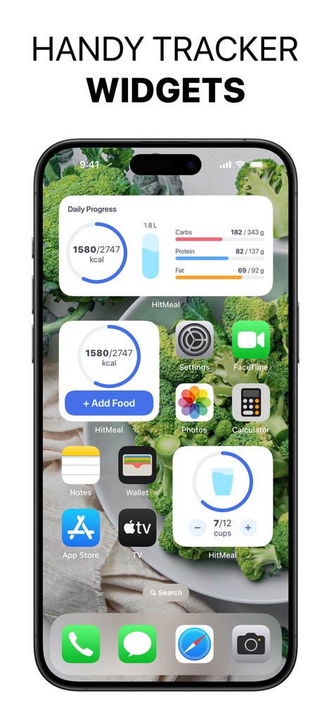 HitMeal Calorie & Food Tracker - The app offers convenient home screen widgets for instant daily progress updates and quick access shortcuts to log food or track water intake.
