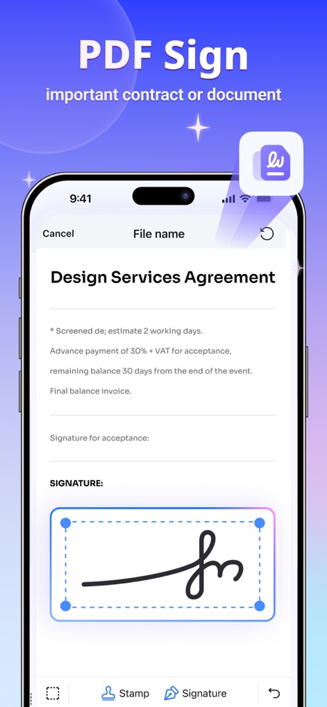 PDFelement: PDF Editor, Viewer - ユーザーは重要な契約書に手書き風の「署名」を簡単に追加できることと、「スタンプ」機能を使って文書に印鑑などを視覚的に押せることを理解できます。