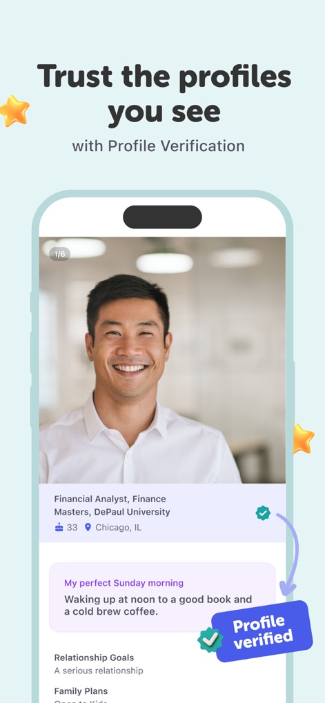 Coffee Meets Bagel: Dating App - The app emphasizes authenticity through the prominent "Profile Verified" badge and showcases detailed personal information like "My perfect Sunday morning" to build confidence in connections.