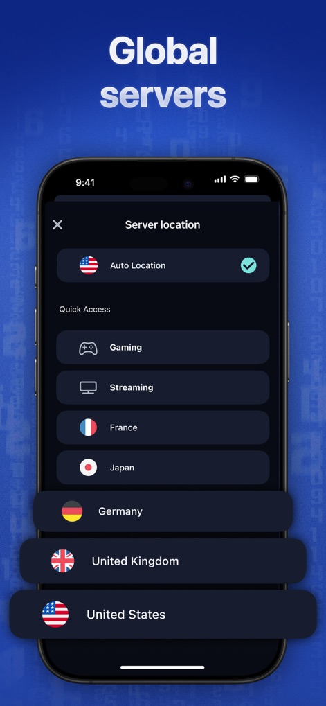 VPN Super Fast Securezone Best - Os usuários podem visualizar e selecionar entre uma vasta lista de "Server location", incluindo opções de "Quick Access" otimizadas para Gaming e Streaming.