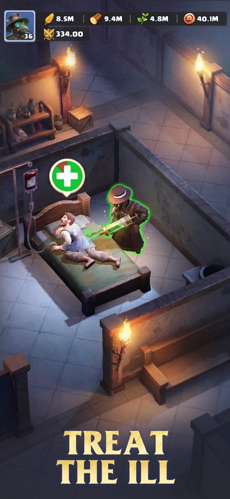 Last Asylum: Plague - La captura ilustra al doctor de la plaga administrando un tratamiento con una jeringa a un paciente en una cama. El icono de la cruz médica simboliza la acción de curación.