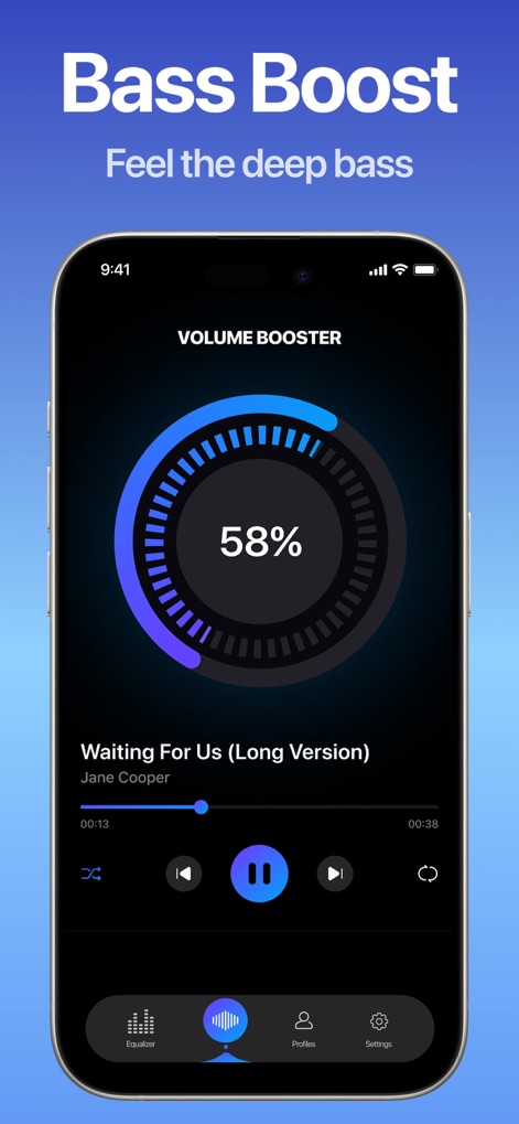 Equalizer & Bass Booster FX - L'app offre un potente booster del volume, evidenziato dal grande indicatore circolare del volume al "58%" e i controlli del player musicale integrati.