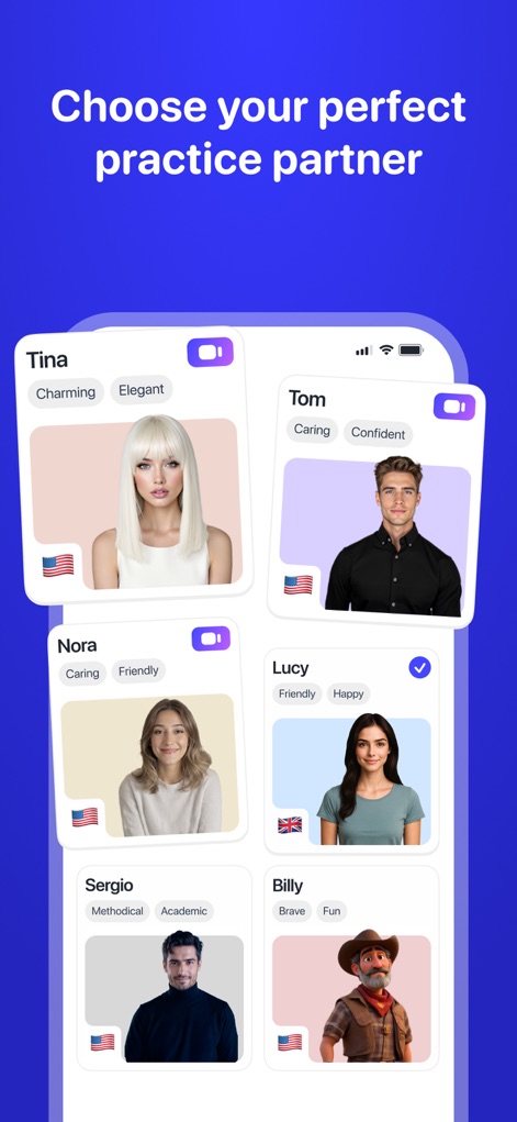 Learn Languages - Lucida AI - Los usuarios pueden seleccionar su compañero de práctica de IA ideal a partir de una cuadrícula de perfiles detallados, cada uno con una descripción personalizada como 'Charming' o 'Confident' y la bandera del idioma que representa.