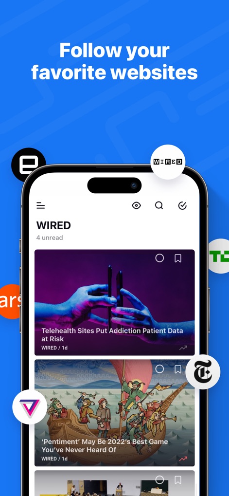 Inoreader: News & RSS reader - This tool allows users to easily follow content from diverse sources such as 'WIRED' and manage their subscriptions through a clear display of various website logos.