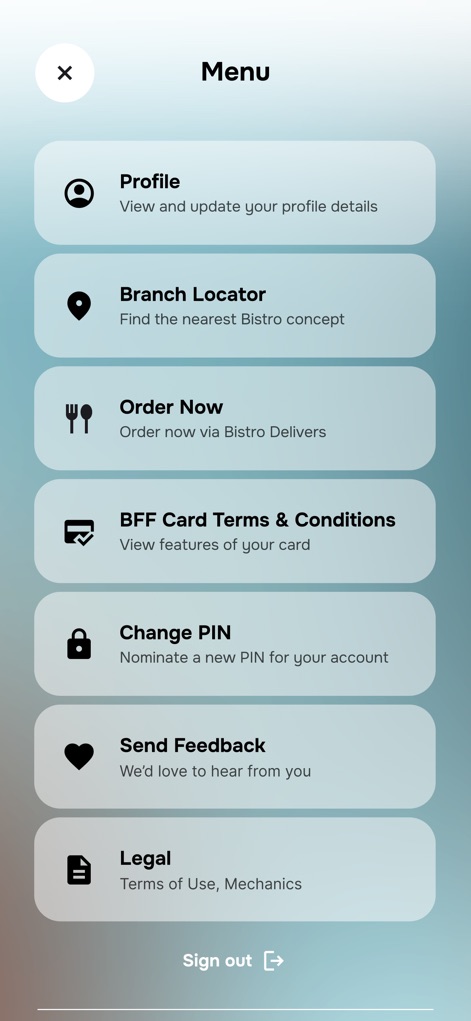 Bistro BFF - The comprehensive menu provides direct links to manage user "Profile" details and utilize the "Branch Locator" for convenient restaurant discovery.