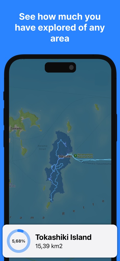 Been To - Track Your Places - ユーザーは特定の地域の探索進捗をパーセンテージで把握し、「渡嘉敷島」の「5.68%」という詳細な完了度を確認できます。