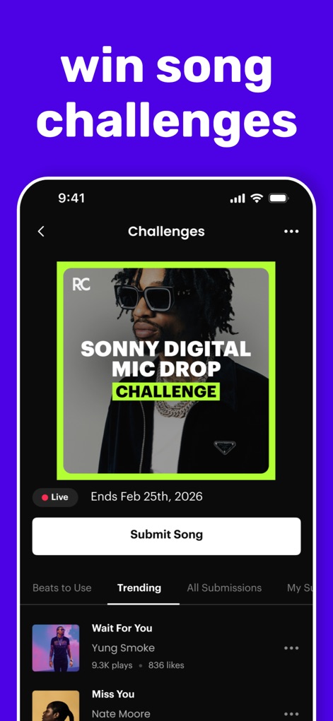 Rapchat: Music Maker Studio - The app motivates artists with interactive 'Challenges', prominently featuring events like the 'SONNY DIGITAL MIC DROP CHALLENGE' and a leaderboard of trending submissions.