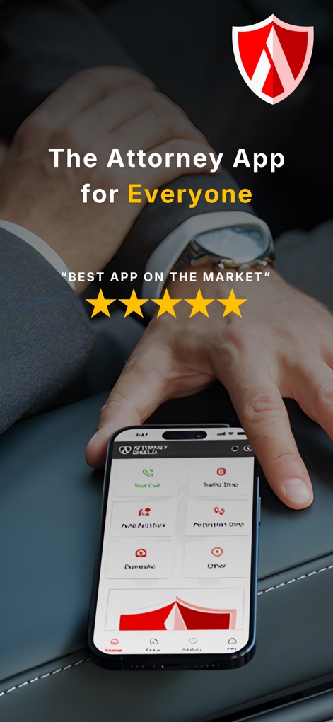 Attorney Shield Inc - The app offers a straightforward main dashboard for selecting incident types, reinforced by a prominent 5-star user rating.
