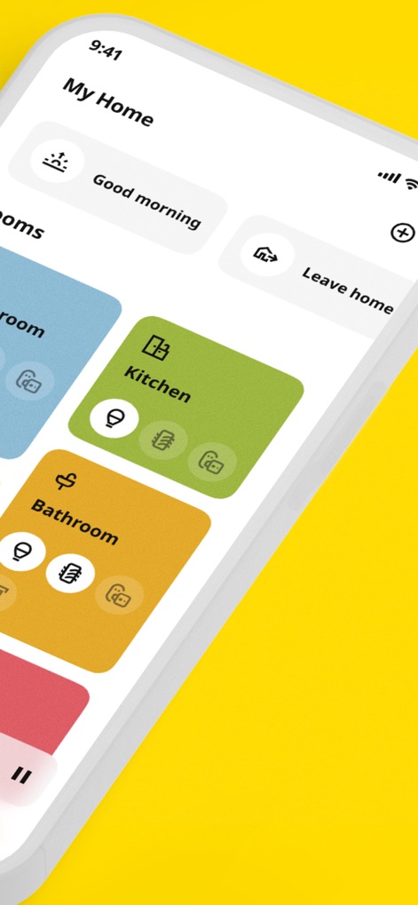 IKEA Home smart - La schermata "My Home" evidenzia un controllo rapido tramite scene predefinite come "Good morning" e "Leave home", affiancate dall'organizzazione per stanze quali la "Kitchen" per un accesso facilitato ai dispositivi.