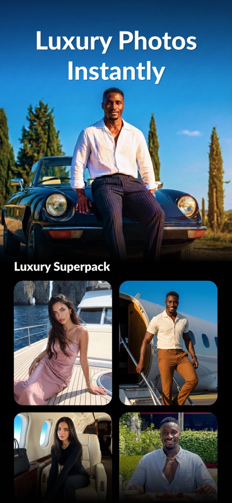AI Photo Video Generator: AURA - Users can instantly transform photos into luxury scenes, showcasing features like high-end cars and private jet backdrops from the "Luxury Superpack."