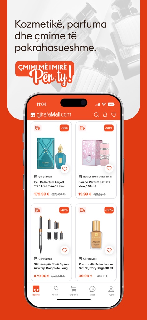 GjirafaMall - Users can discover premium cosmetics and perfumes, highlighted by striking discount percentages and specific brand listings like Xerjoff and Lattafa.