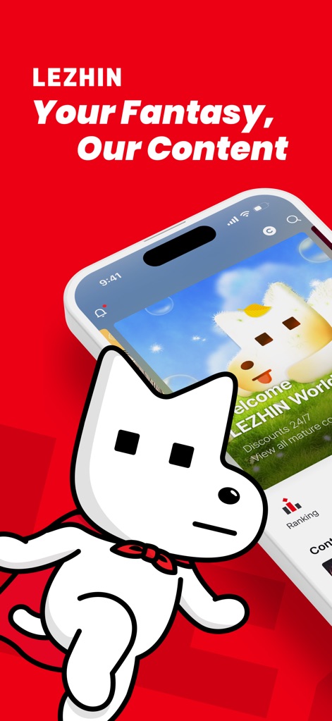 Lezhin Comics-Premium Webtoons - Diese Ansicht stellt die personalisierte Begrüßung der App dar, wobei der Fokus auf den attraktiven Content-Karten und dem prominenten Maskottchen-Charakter liegt.